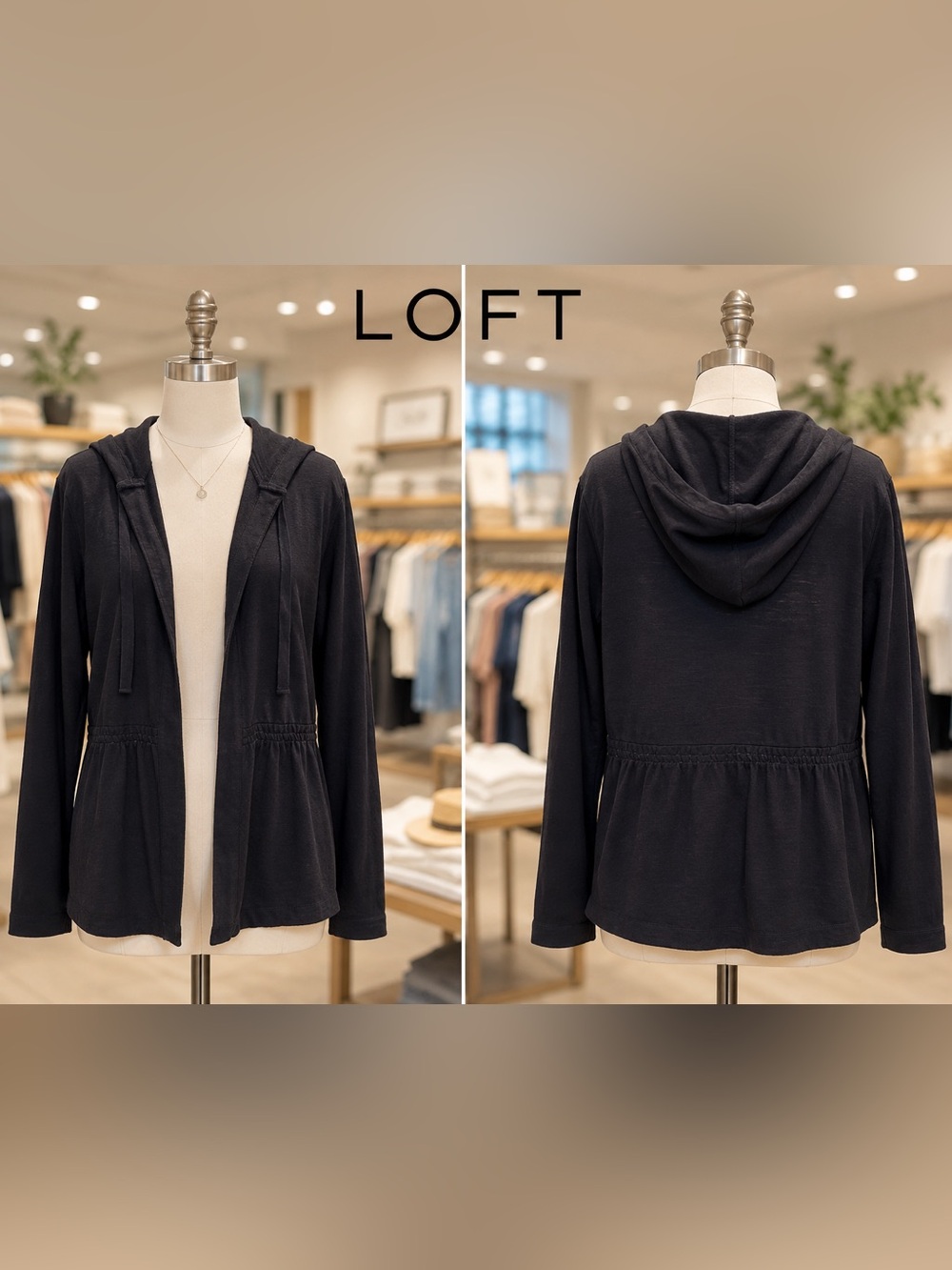 🌸Y2K LOFT Dark Blue Hooded Open-Front Cardigan size S preppy casual cozy 💯Cotton